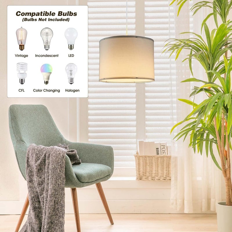 KUAUGST Plug in Pendant Light, 15 FT Hanging Lamp with Plug in Cord, On/Off Switch, Pendant Lighting with Fabric Shade, Hanging Light Fixture for Living Room, Bedroom, Dining Room, Kitchen (White) - Image 2